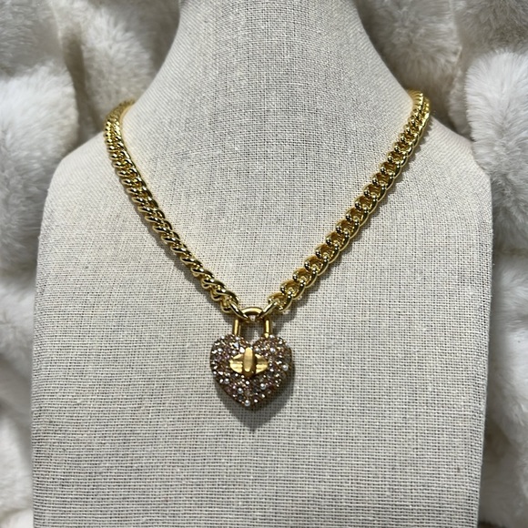 Coach Jewelry - ❄️ New RARE Coach Rhinestone Pink Heart Turnlock Pave’ Gold Link Necklace
